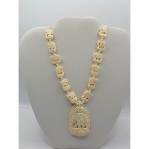 22” HAND CARVED BOVINE COW BONE NECKLACE DETAILED ANIMALS ARTISAN WORK UNIQUE